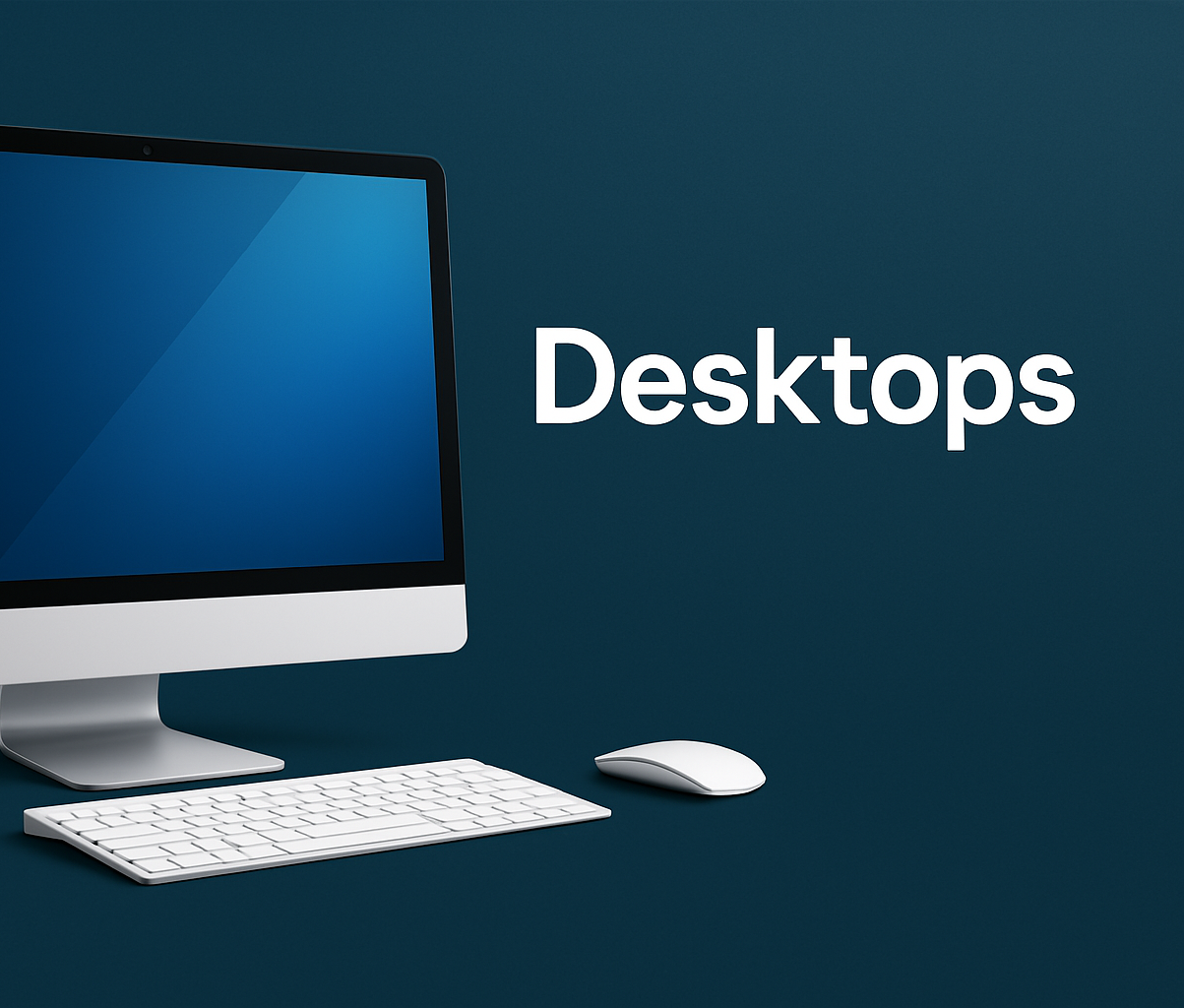 "Sleek all-in-one desktop computer with a large widescreen display, white keyboard, and mouse on a dark teal background, with the word 'Desktops' in bold white text, representing modern desktop computing solutions.