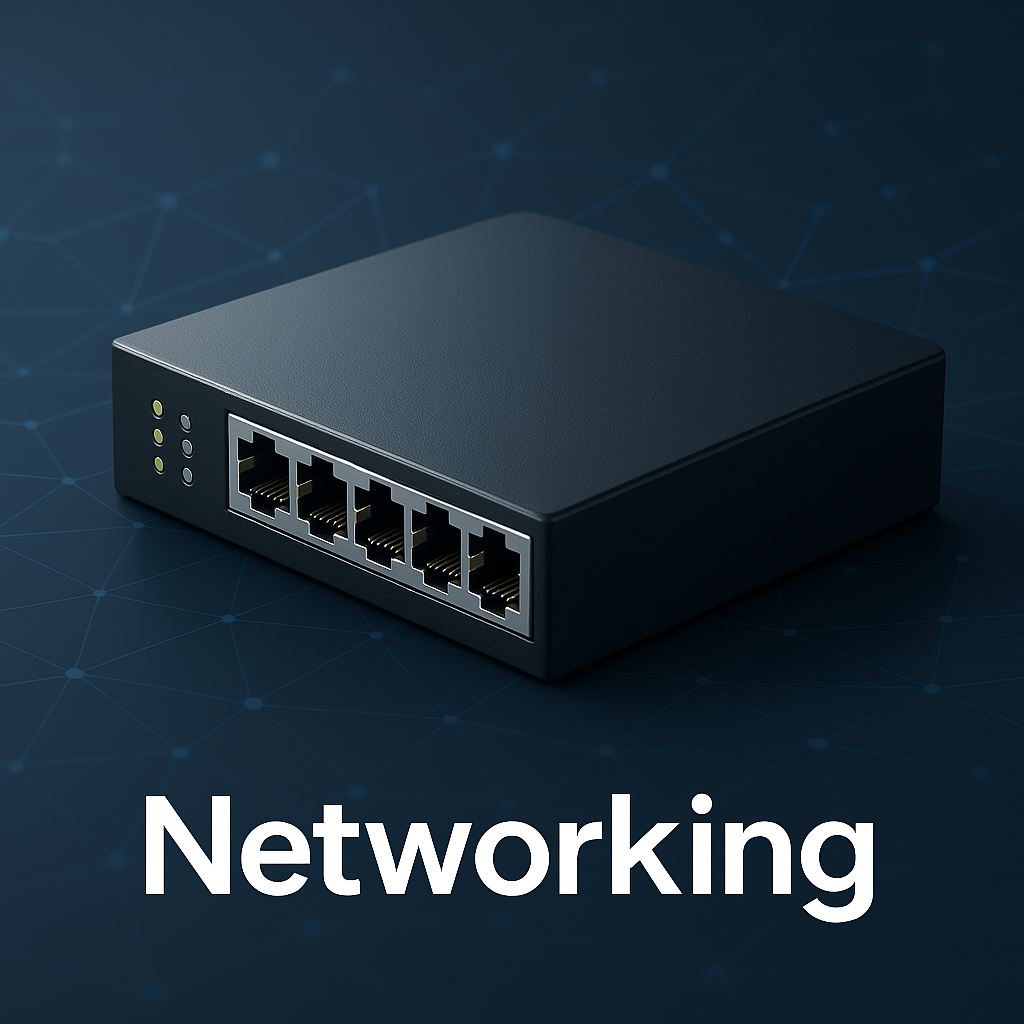 Modern network switch with multiple Ethernet ports placed on a dark blue background featuring a glowing network grid pattern, symbolizing advanced and reliable networking technology.
