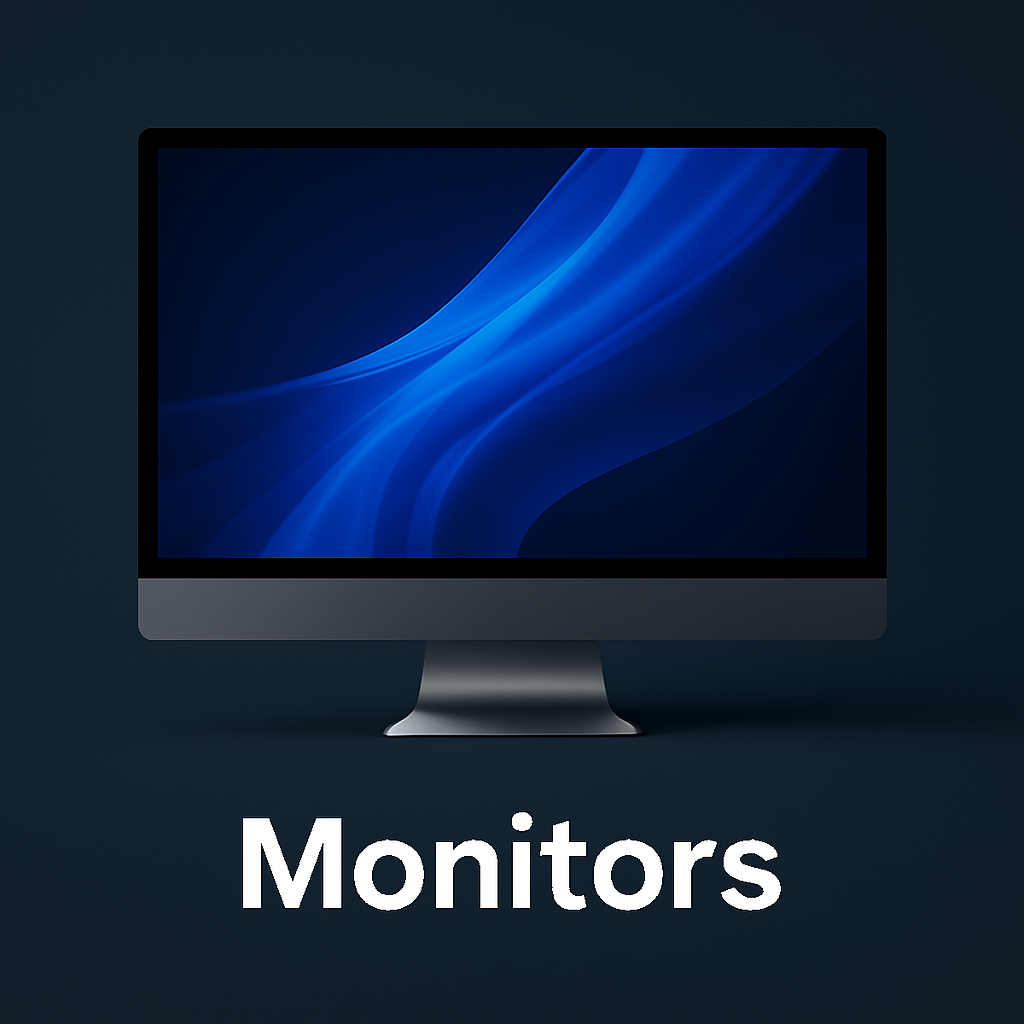 Sleek computer monitor with a black bezel and vibrant blue abstract display, positioned against a dark blue gradient background with the word 'Monitors' in bold white text, representing high-quality display solutions.
